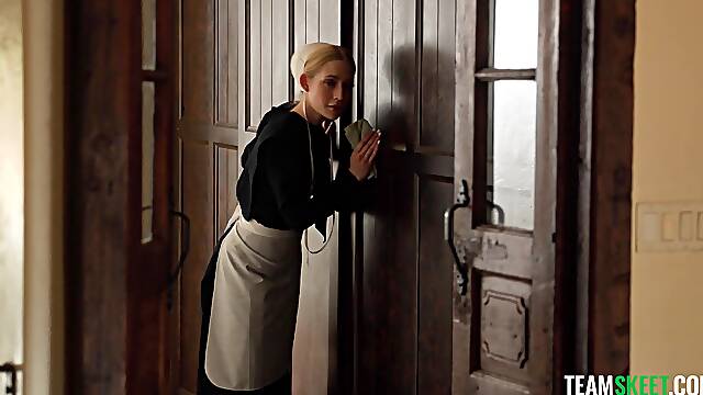 Thin beauty is intrigued by what's happening behind the closed doors