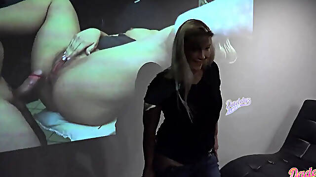 Hot blonde German MILF squirts in public porn cinema