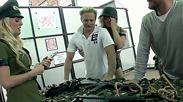 Lucky guys get sucked off by stunning military chicks