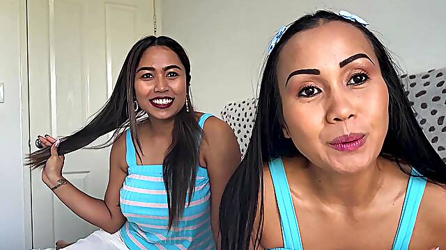 Asian lesbian MILF babes strapon fucking