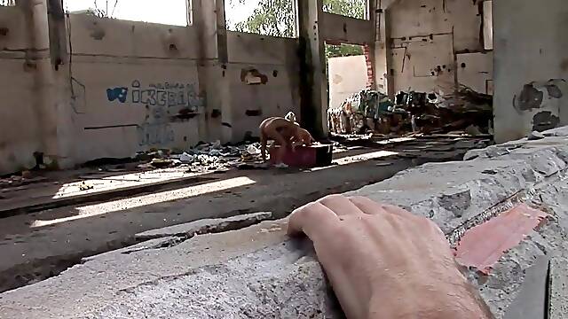 2 Concupiscent Euro Lesbian babes Get Butt Fucjed By 2 Chaps In Abandoned Building