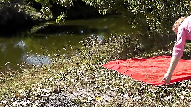 Outside, nature, by the river, bare mother Id like to fuck has wild masturbation