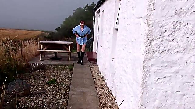 British amateur older housewife Allison in nylons and boots flashing her giant natural tits then on the table masturbating and toying