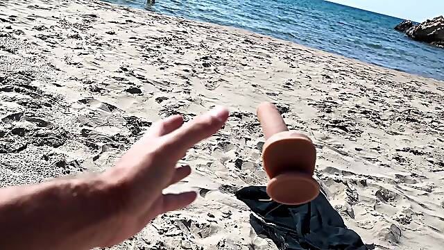 Curvy Nudist and on the Beach. Funny Dildo! "bye Bye!"