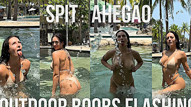 Boobs Flashing Outdoor, Ahegao, Spit, Getting Wet